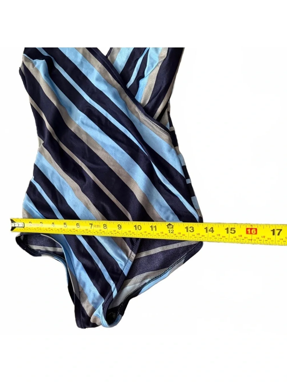 Jantzen Womens Size 10 Blue Striped One Piece Swimsuit Wrap Front Swimwear